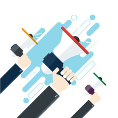Hands holding a megaphones. Notice or announcement, promotion a product, service, or event. Flat design vector business illustration concept.