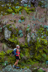 Naklejka na ściany i meble Woman hiking the forest of Las Lagunetas in Tenerife Canary Islands