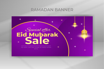 Naklejka premium Stylish Eid Mubarak Mega Flash Sale Shopping Poster or Banner, Ramadan Eid Sale Web Banner Promotion Design Template for Business, Discount Post and Social Media Banner