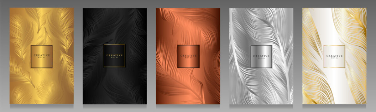 Metal covers with feathers. Elegant gold, black, copper, silver and platinum brochures. Vector template, plumage collection, luxury backgrounds.