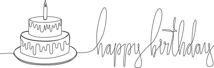 continuous single line drawing of text HAPPY BIRTHDAY and birthday cake with candle on top, line art vector illustration