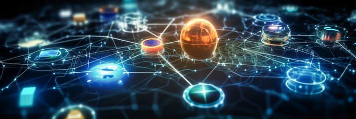 Obraz premium Internet of things loT, with vies and connectivity, banner, illustration, close up, generative ai