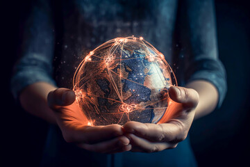 Hands holding globe earth with global network connect, illustration, generative ai