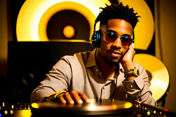 Professional african american DJ in headphones with sound mixer in nightclub. Generative ai.