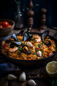 Traditional Spanish paella with seafood and chicken. (Generative ai)