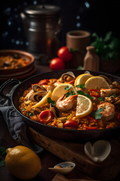 Traditional Spanish paella with seafood and chicken. (Generative ai)