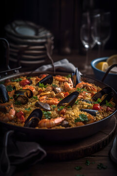 Traditional Spanish paella with seafood and chicken. (Generative ai)