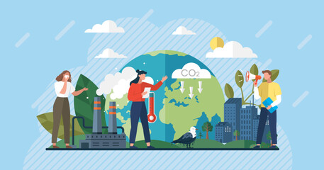 Air pollution source, dirty environment and polluted air. Save the planet. Earth day. People wearing mask. Urban air pollution. People clean environment earth. City smoke. Global eco balance planet