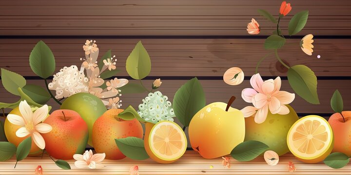 Fruit flowers on wooden table, with a beautiful spring background, Generative AI