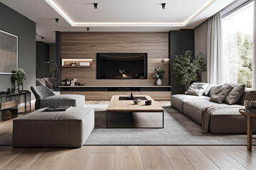 Modern interior design, living room with sofa . Home interior with window, AI Generative