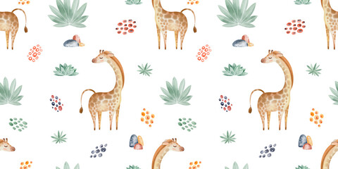 Animals of Africa seamless pattern with tropical leaves. Watercolor seamless pattern. Packaging design, poster, fabrics, digital paper, sublimation.
