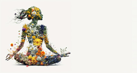 International Yoga Day - women made with flowers sitting in yoga pose, generative ai
