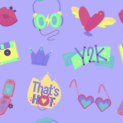 Y2K seamless pattern with colorful stickers. Vector illustration