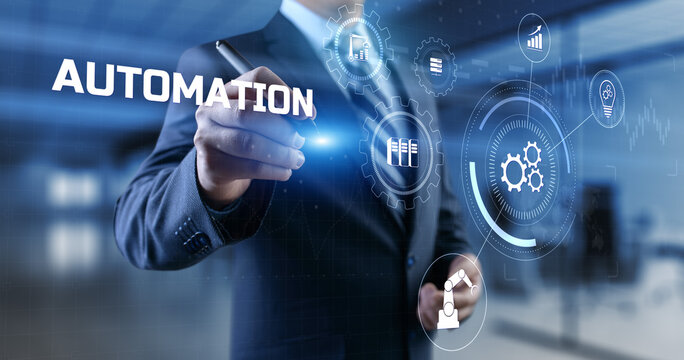 Automation Innovation technology concept. Businessman pressing button on screen.