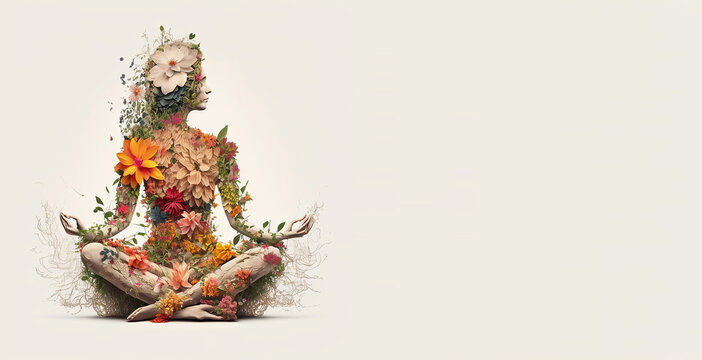 International Yoga Day - women made with flowers sitting in yoga pose, generative ai