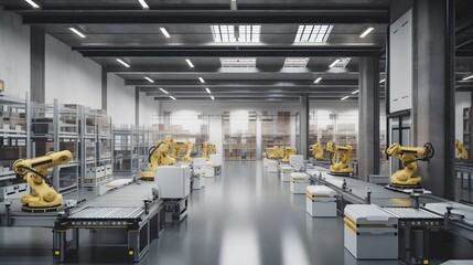 Smart, automated and organized warehouse interior showcases efficiency in logistics and supply chain management. Effective inventory control, order fulfillment, and space optimization. Generative AI