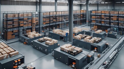 Organized warehouse interior showcases efficiency in logistics and supply chain management. Effective inventory control, order fulfillment, and space optimization. Generative AI - obrazy, fototapety, plakaty