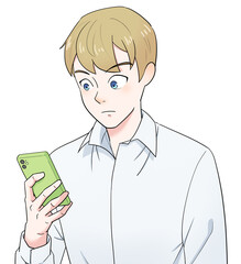 スマホを見る金髪の男性