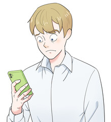 スマホを見て嫌な顔をする金髪の男性