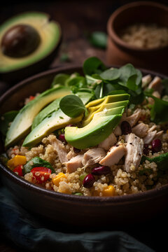 Salad with quinoa, avocado and chicken. (Generative ai)