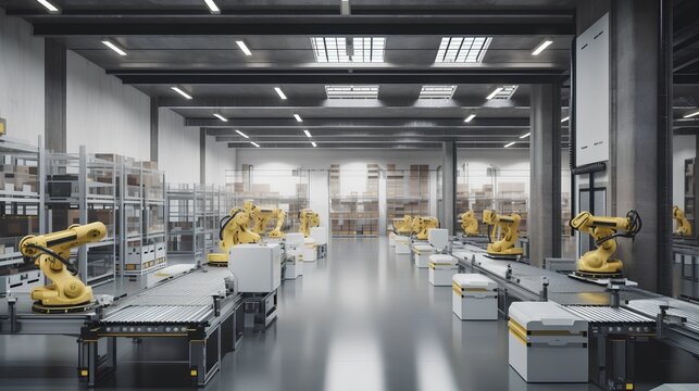Smart, automated and organized warehouse interior showcases efficiency in logistics and supply chain management. Effective inventory control, order fulfillment, and space optimization. Generative AI