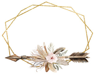  Golden frame with Watercolor arrow, tropical leaves and flowers illustration