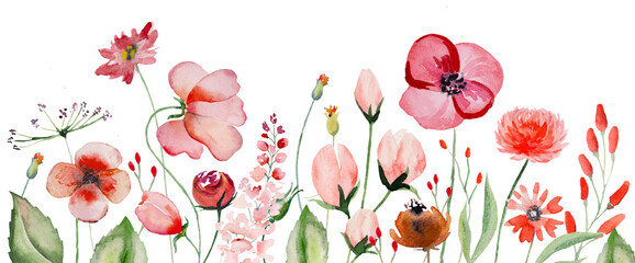 Border made of red watercolor wild flowers and leaves, summer wedding and greeting illustration