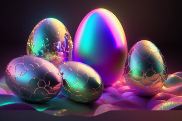 Holographic colourful Easter Eggs background, Generative AI