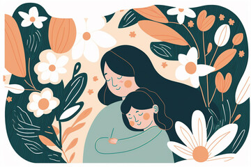 Illustration of mother with her little child, concept of Mothers day. Generative AI