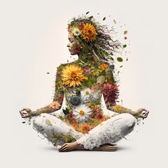 International Yoga Day - women made with flowers sitting in yoga pose, generative ai