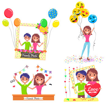 Group of friends holding portrait frame set happy young people celebrating birthday party or holiday with flags and balloons. Cheerful boy and girl posing for photo smiling man and woman photographing