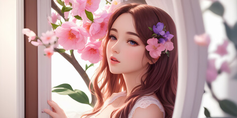Obraz na płótnie Canvas Beautiful anime girl, background pink flowers.