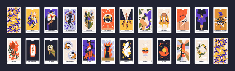 Tarot cards design. Occult major arcanas deck with esoteric magic symbols. Pack of spiritual signs of emperor, fool, lovers, moon in modern style. Isolated colored flat graphic vector illustrations - obrazy, fototapety, plakaty