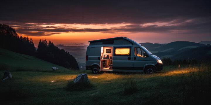 Glowing light from a camper van in a beautiful landscape at dusk. Generative ai