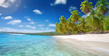 Fototapeta na wymiar Caribbean palm beach with white sand and turquoise water. Based on Generative AI
