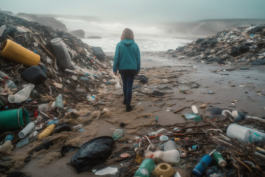 A beach with a mountain of plastic garbage scattered along the entire coastline, in the background a tourist trying to get to the ocean, the sea. The concept of an ecological disaster. Generative ai