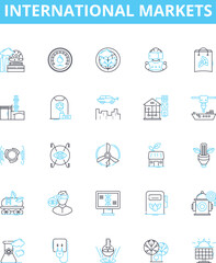 International markets vector line icons set. Global, Overseas, Markets, Commerce, Exchange, Economy, International illustration outline concept symbols and signs