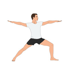 Fototapeta na wymiar PNG Warrior II 2 / Virabhadrasana II 2. Man doing yoga asana pose exercise minimalistic illustration without background. Home exercise illustration, trainig person, mental health, work life balance