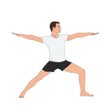 PNG Warrior II 2 / Virabhadrasana II 2. Man doing yoga asana pose exercise minimalistic illustration without background. Home exercise illustration, trainig person, mental health, work life balance