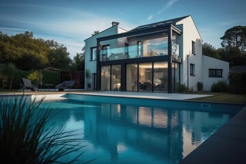 Modern luxury home with pool and garden at blue hour, generative ai