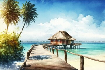 Wooden overwater bungalow in a beautiful turquoise sea, idyllic beach vacation paradise, generative AI