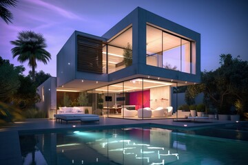 Fototapeta premium Modern luxury home with garden and pool at blue hour, generative ai