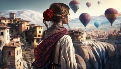 Obraz premium Beautiful girl standing on a rooftop watching flying hot air balloons, generative ai