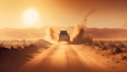 Illustration of car traveling through the desert dusty road under the sun. Sunset in desert beautiful rays of light and clouds. 3D realistic illustration. Based on Generative AI 