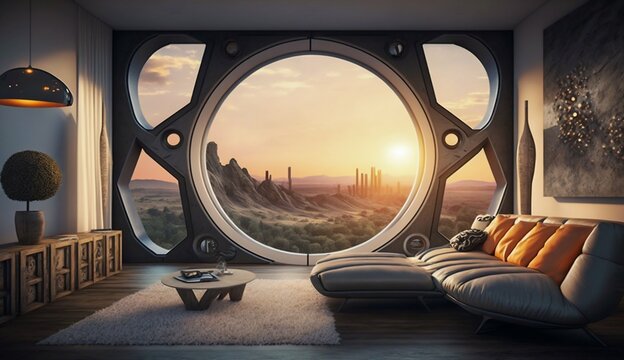 Futuristic living room interior with big window in center. Generative AI