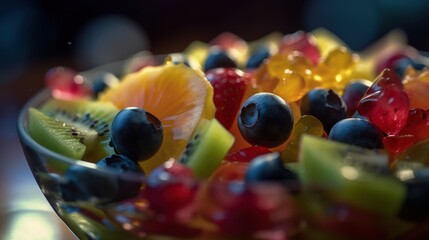 Fruit salad background. Bokeh closeup of a bowl of berries, kiwi and other fruits generative ai