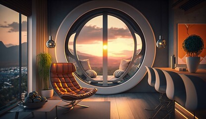 Futuristic living room interior with big window in center. Generative AI