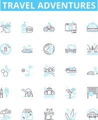 Travel adventures vector line icons set. Travel, Adventures, Exploring, Touring, Trekking, Cruising, Hiking illustration outline concept symbols and signs
