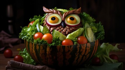 Bowl of owl-looking salad. Cute bird shaped meal generative ai