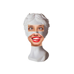 Antique smiling female statue's head shows tongue looking up, grimacing, showing a funny face on white background. Trendy abstact collage in magazine surreal style. 3d contemporary art. Modern design